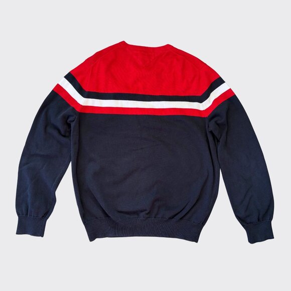 Tommy Hilfiger Men’s Crewneck Cotton Sweater L Red Navy Colorblock Logo - Picture 3 of 7
